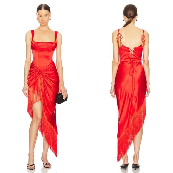 For Love & Lemons Anisa Silk Fringe Ruched Draped Red Midi Dress Size Large - Picture 1 of 12